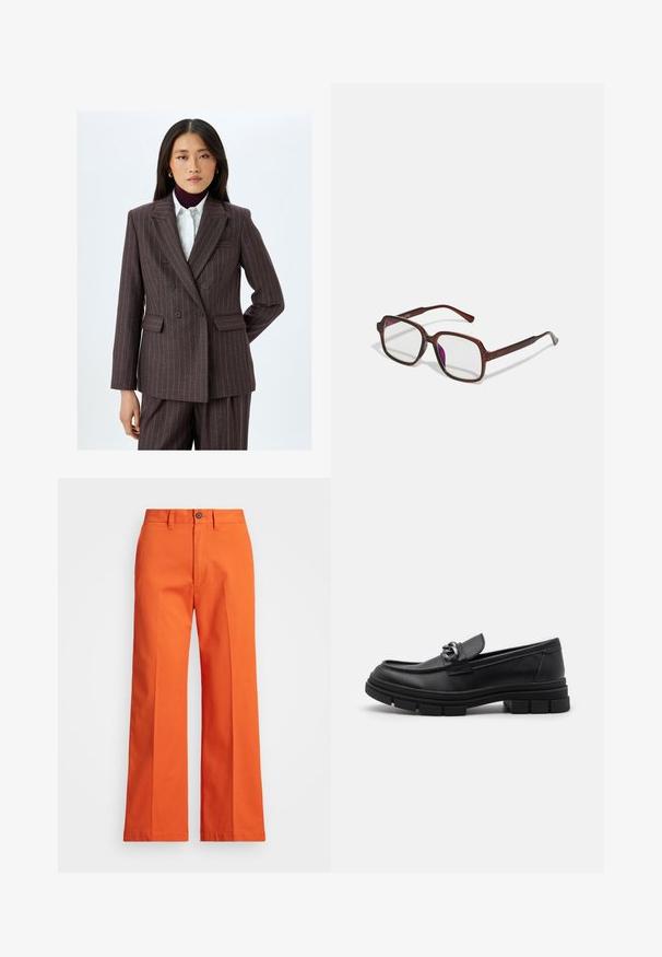 Tumma ruskea pinstripe-bleiseri, jossa on kaksirivinen nappikiinnitys, olkatoppaus, läpälliset taskut sekä silkkinen kangas, jossa on kontrastiväriset ohuet raidat.; Kaksi muotoiltua tanktoppausta mustana ja valkoisena. Ne on valmistettu ribbitrikoosta ja niissä on leveät hihnat sekä pyöristetyt kaula-aukot. Brändäys kauluksessa.; Käytännölliset leveälahkeiset oranssit housut, jotka on valmistettu puuvillasta. Ominaisuuksiin kuuluu etupockets ja napitussulkimet. Sileä pinta, siistit saumat ja räätälöity muotoilu.; Musta nahkaloaferi pyöreällä varvalla, koristeellisesti varustetulla hihnalla ja metalliosilla sekä paksulla, teksturoidulla pohjalla. Sileä pinta hienovaraisin yksityiskohdin.; Ruske, rektangulære briller med transparente linser og lilla toner. Glatt plastisk ramme med rette stenger og subtile detaljer.