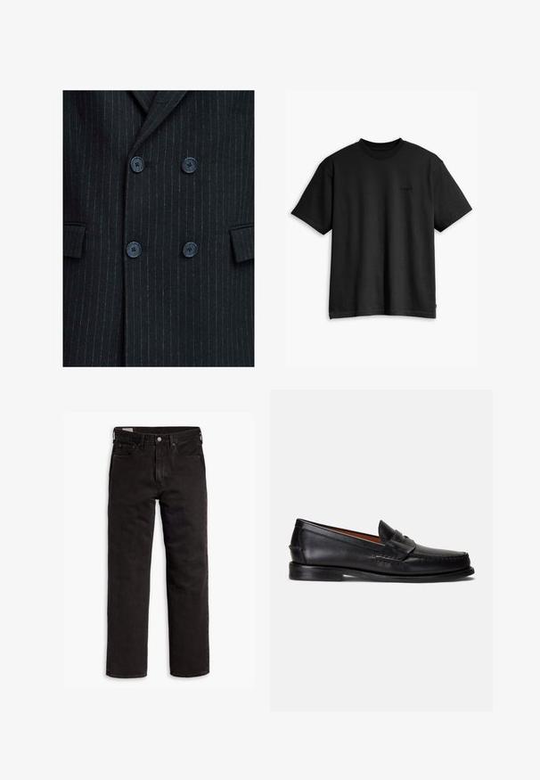 Zwarte pinstripe dubbelgeknoopte blazer met een gestructureerde afwerking, voorzien van vier blauwe knopen en twee voorzakken.; Zwarte katoenen t-shirt met een ronde hals en korte mouwen. Heeft een subtiel logo aan de voorkant en een rechte zoom. Eenvoudig en minimalistisch ontwerp.; Zwarte recht gesneden denim jeans met vijf zakken, knoopsluiting en riemlussen, plat gelegd op een witte achtergrond.; Zwarte leren loafers met een gladde afwerking, een afgeronde neus en een decoratief bandje over de wreef. Voorzien van een lage zwarte zool.