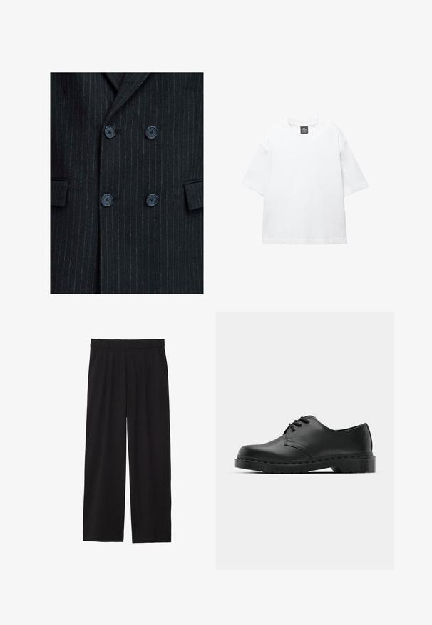 Černý pruhovaný dvouřadý blejzr s texturovaným povrchem, který má čtyři modré knoflíky a dvě přední kapsy.; Bílý krátký rukáv tričko vyrobené z bavlny, s kulatým výstřihem a volným střihem se rovním lemem. Bez vzorů nebo zdobení.; Černé široké kalhoty s skladaným předním dílem, bočními kapsami a hladkou texturou tkaniny. Navrženy pro pohodlný střih.; Černé kožené oxfordy s šněrováním, zakulacenou špičkou, plochou gumovou podrážkou a jemným prošíváním podél svršku.