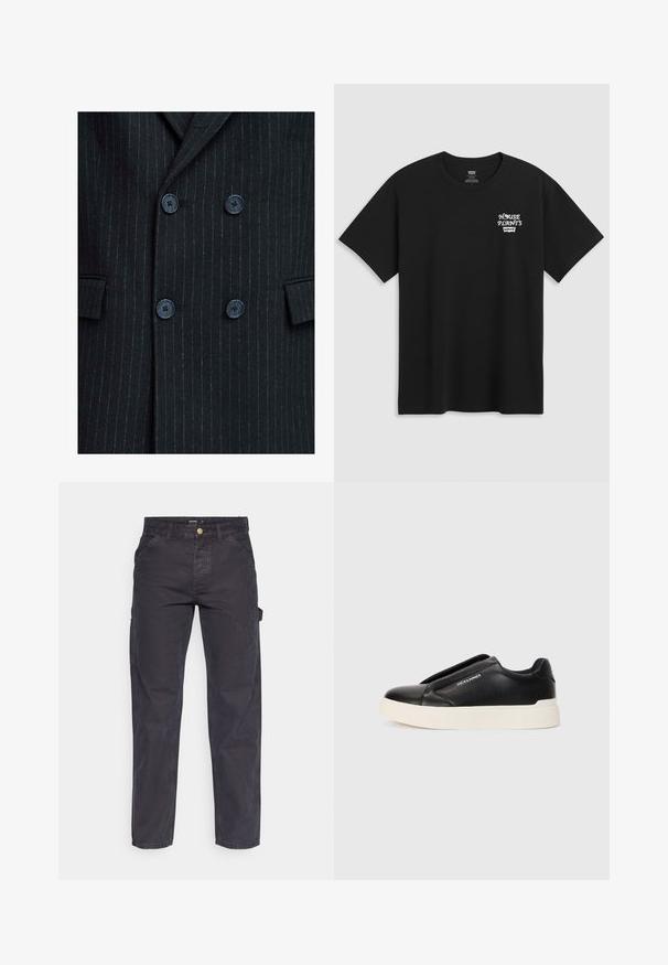 Zwarte pinstripe dubbelgeknoopte blazer met een gestructureerde afwerking, voorzien van vier blauwe knopen en twee voorzakken.; Zwarte katoenen t-shirt met een borstprint waarop "HUISPLANTEN" staat in witte stijlvolle letters met daaronder "Levi's". Klassieke ronde hals.; Donkergrijze cargobroek van duurzaam materiaal, met een rechte pijp, vijf zakken en een knoopsluiting in de taille.; Zwarte slip-on sneaker met een gestructureerde leren bovenkant, witte rubberen zool en geen zichtbare veters. Beschikt over het merkembleem aan de zijkant.