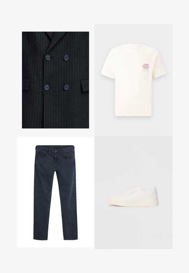 Zwarte pinstripe dubbelgeknoopte blazer met een gestructureerde afwerking, voorzien van vier blauwe knopen en twee voorzakken.; Witte T-shirt met korte mouwen met rode tekst "Studio Originals Edition" op de linker borst, weergegeven op een neutrale grijze achtergrond.; Donkerblauwe denim jeans met een slanke pasvorm, ontwerp met vijf zakken, knoopsluiting en een subtiele verweerde textuur over de hele stof.; Witte instap sneakers met een gestructureerd oppervlak, een dikke zool en een minimalistisch ontwerp. Bevat het merklogo aan de zijkant.
