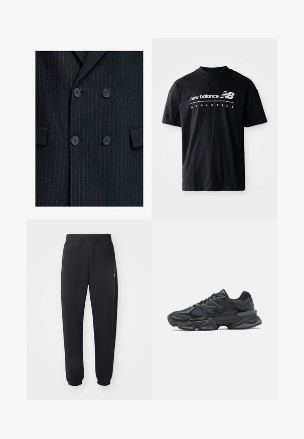 Mustrite mustriga kahepoolne bleiser, millel on tekstuuriga viimistlus, neli sinist nuppu ja kaks eesmist taskut.; Mustalane T-särk, millel on ringkaelus, lühikesed varrukad ja valged tekstigraafika "new balance" ning "ATHLETICS" ees.; Mugavad mustad spordipüksid pehmest materjalist, elastse vöökoha, nööridega ja kitsenevate varrukatega, külgedel on diskreetne logo.; Mustad mustus jooksukeng, mis sisaldab segu võrgust ja sünteetilisest materjalist, jäme talla, kaarduv disain ja silmapaistev bränding külgedel.