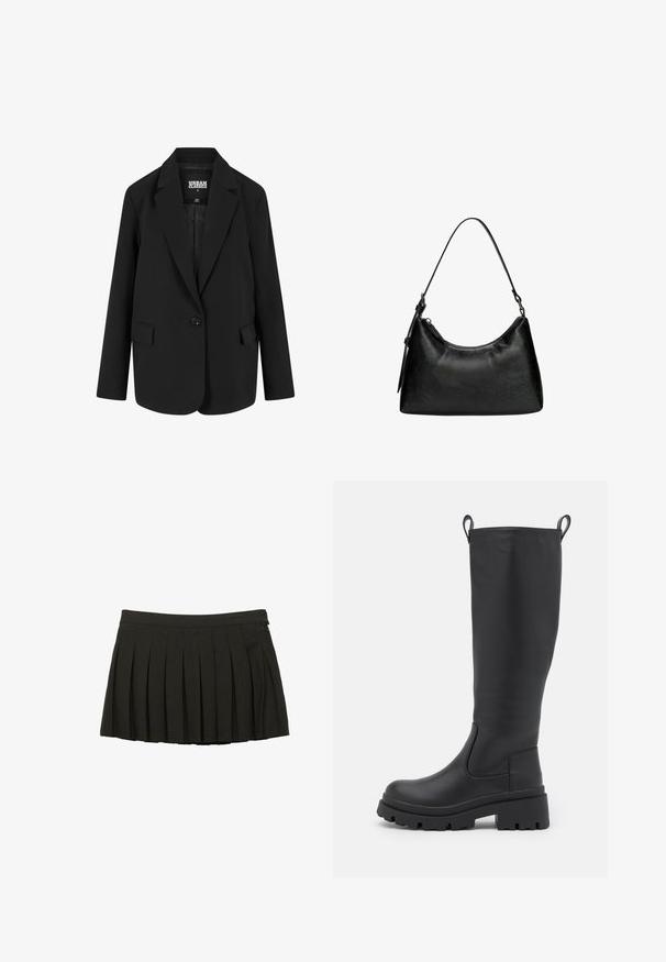 Sort blazer i en struktureret design med en enkelt knappelukning, klaplommer og to forlommer. Fremstillet af glat stof med en skræddersyet pasform.; ONLY ONLMOON LIFE SLIT - Striktrøje - dark grey; Sort plisseret mini nederdel med en tætsiddende talje og lynlås i siden, præsenteret på en hvid baggrund.; Sorte knæhøje støvler lavet af glat læder med en kraftig sål og let hæl. Har trækflapper og elastiske sidepaneler for nem påføring.; Sort syntetisk læder håndtaske med en buet form, kort håndtag, lynlåslukning og en subtil tekstureret overflade.