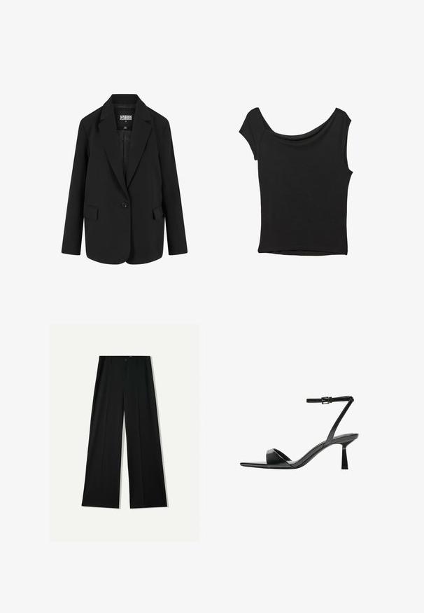 Čierny blazer so štruktúrovaným dizajnom, jedným gombíkom na zapínanie, klopovými límčekmi a dvoma prednými vreckami. Vyrobený z hladkej tkaniny s prispôsobeným strihom.; Čierny krátky rukáv top vyrobený z hladkej tkaniny; má prehnutý výstrih a asymetrický lem, s priliehavým telom.; Bershka WIDE - Nohavice - black; Bershka Sandále na vysokom opätku - black
