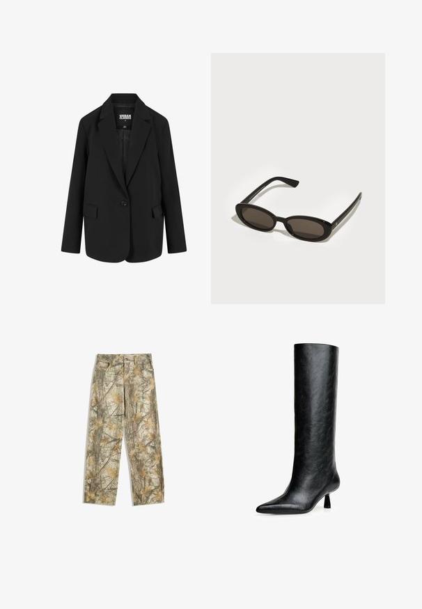 Črn blazer v strukturiranem oblikovanju z enim gumbom, s poševnimi ovratniki in dvema sprednjima žepoma. Narejen iz gladkega materiala z prilagojenim krojem.; Bela majica brez naramnic iz mehkega in lahkega blaga. Kratki rokavi, oprijet kroj in zavit rob. Gladka tekstura.; Kamo hlače z večtonskim zelenim in rjavim listnatim vzorcem, ki imajo standardno zasnovo s petimi žepi in ohlapen kroj.; Črne gležnjeke do kolen, narejene iz strukturirane usnje. Imajo koničast toe in majhen, razširjen peto. Eleganten, gladek dizajn z minimalnimi poudarki.; Črne sončne očala z ovalnimi, pol-okvirnimi lečami. Sijajni okvirji in elegantne ročke. Temnae leče z minimalnimi podrobnostmi opreme.; Rumena oblazinjena jakna z visokim ovratnikom in sprednjim žepom, v kombinaciji s črno torbico čez ramo z zlatimi dodatki. Priložnostni denim hlače.