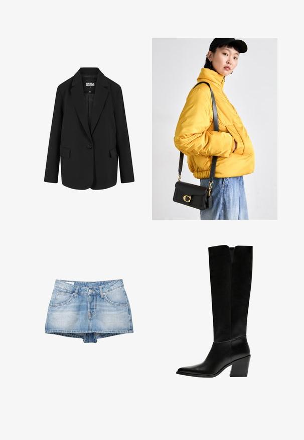 Svart kavaj i en strukturerad design med en enkel knappstängning, snibbar och två framfickor. Tillverkad av ett mjukt tyg med en skräddarsydd passform.; Vit kortärmad t-shirt i bomull. Har röd text: "OOPS OM JAG SÅG INTRESSERAD UT BABY JAG ÄR DET INTE." Korta ärmar och rund halsringning.; Denimshorts i ljusblått med en urtvättad look. Har fem fickor och knäppning fram. Klassisk skärning med rak fåll.; Svarta knästövlar i släthet läder, med spetsig tå, blockklack och ett V-format urtag högst upp.; Gul vadderad jacka med hög krage och framficka, ihop med en svart crossbody-väska med gulddetaljer. Avslappnade denimbyxor.