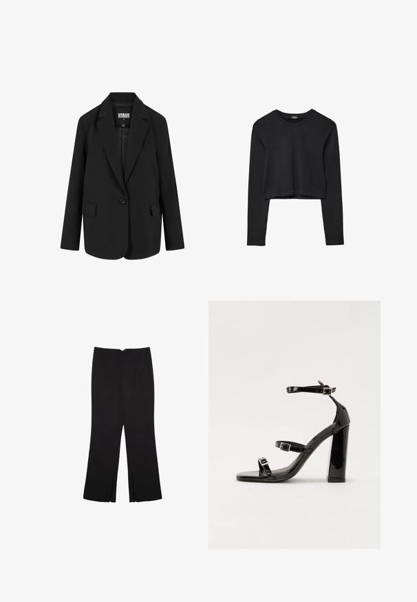 Sort blazer i en struktureret design med en enkelt knappelukning, klaplommer og to forlommer. Fremstillet af glat stof med en skræddersyet pasform.; Sort langærmet cropped top med rund halsudskæring, ensfarvet design og let buet kant.; Sorte bukser med lige pasform, der har frontlommer og slidser i kanten. Lavet af blødt, glat stof. Velegnet til forskellige anledninger.; Sorte patenterede hælsandaler med firkantet tå, ankelremme og sølvspænder. Har en chunky blokHæl for stabilitet.