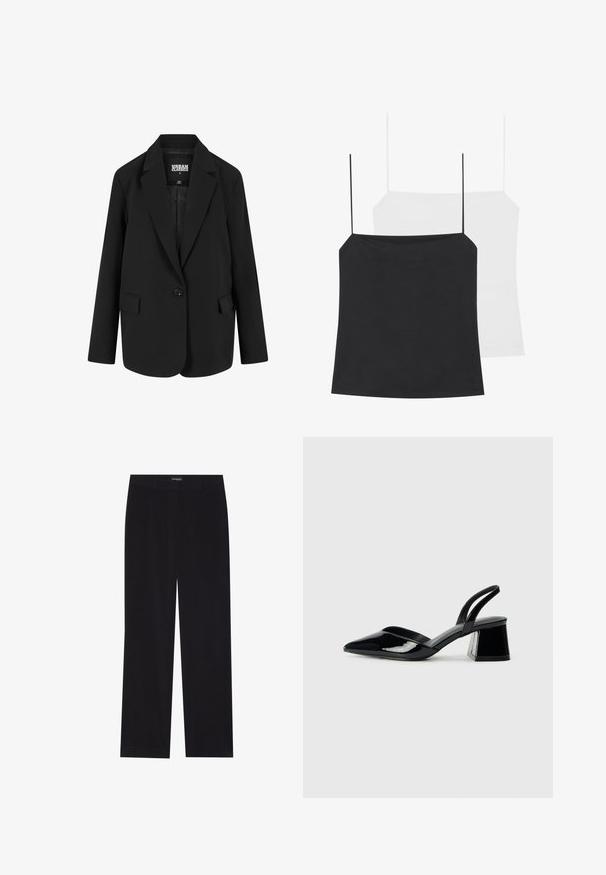 Blazer negru cu un design structurat, cu închidere cu un singur nasture, revere cu tăietură și două buzunare frontale. Fabricat dintr-un material neted, cu o croială adaptată.; Două tops-uri de cămașă sunt prezentate: unul negru și unul alb. Ambele au bretele subțiri și un design ajustat realizat dintr-un material neted și elastic.; Pantaloni din cord din culoare neagră, cu croială dreaptă, având un brâu plat și fără buzunare vizibile, textură netedă și detalii cu fante verticale.; Pantofi cu toc slingback din piele lacuită neagră, cu vârf ascuțit și toc geometric. Prezintă un design elegant, minimalist și o textură netedă.