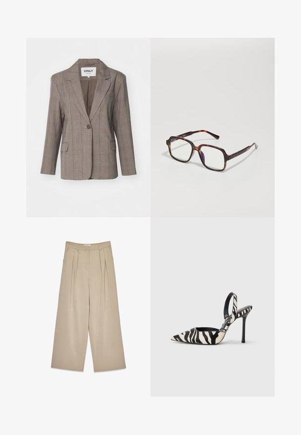 ONLY ONLJANA LIFE BOY - Blejzer - sugar almond/pine grove/sodalite blue; Biely sveter s dlhým rukávom a okrúhlym výstrihom, s rebrovanými manžetami a lemom, s mäkkou, mierne chlpatou textúrou.; Bežové široké nohavice s prednými záhybmi, bočnými vreckami, pútkami na opasok a skrytým zapínaním vpredu.; Lodičky s špičatou špičkou a otvorenou pätou v čierno-krémovom zebrovom vzore, s tenkým vysokým podpätkom a čiernym interiérom.; Sliné slnečné okuliare s nádychom korytnačiny so štvorcovými rámami, priehľadnými šošovkami a štíhlymi stranami s decentným logom. Matný a lesklý povrch.; Čierna kožená kabelka s hladkou textúrou, minimalistickým dizajnom a jedným zakriveným ramenným popruhom. Otvorená vrchná časť, bez viditeľného kovania.; Anna Field LEATHER - Rukavice - black