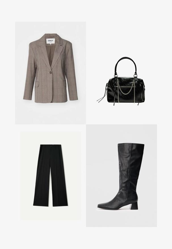 ONLY ONLJANA LIFE BOY - Blejzr - sugar almond/pine grove/sodalite blue; Černý top na ramínka vyrobený z bavlny, s kulatým výstřihem a širokými průramky. Hladká textura s prošitými lemy. Klasický, minimalistický design.; Bershka WIDE - Kalhoty - black; Černá kožená botka do poloviny lýtek s špičatou špičkou a blokovým podpatkem na jednoduchém světlém pozadí.; Bershka WITH CHAIN - Kabelka - black