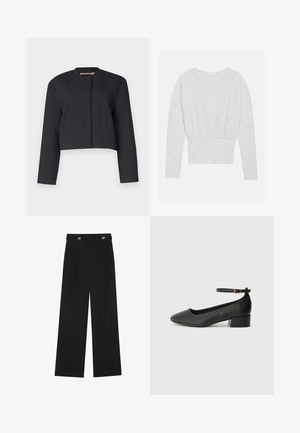 Krótka ciemnoszara kurtka z teksturowanej tkaniny, z długimi rękawami i okrągłym dekoltem oraz czystym, prostym przodem.; Jasnoszara, długosługa bluzka z miękkiego materiału, z dopasowaną talią z marszczeniami i okrągłym dekoltem.; Czarne szerokie spodnie z wysokim stanem, z detalami w postaci guzików na pasku oraz plisami z przodu.; Czarne skórzane szpilki z ostrym noskiem i niskim słupkowym obcasem. Wyposażone w pasek na kostkę z złotym zapięciem. Gładka tekstura.