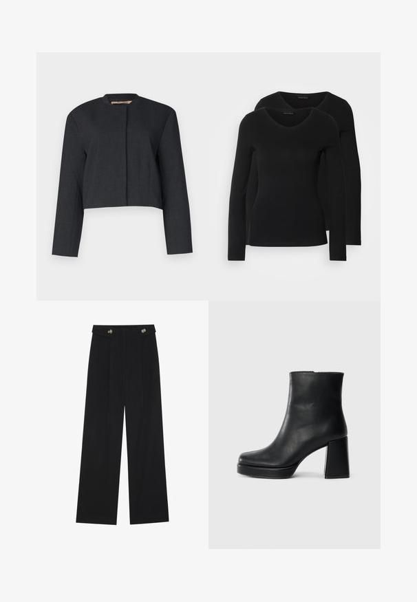Lühendatud tumehall jakk, mis on valmistatud tekstureeritud kangast, millel on pikad varrukad ja ümar kaelus koos puhta esiküljega.; Kaks musta pika varrukaga särk, millel on V-kaelus ja mis on valmistatud pehmest ja venivast kangast, millel on sile tekstuur ja sobiv kuju.; Mustad laiad püksid kõrge vöökoha ja nööpdetailidega vööandil, esikortsudega.; Must musta ankle boot, milleplokk-konts ja platvormi tallaga, vaadatud küljelt ühetoonilise valge tausta peal.