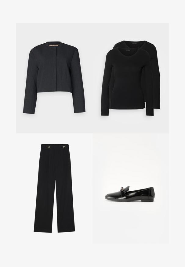 Rövidített sötétszürke dzseki, texturált anyagból készült, hosszú ujjak és lekerekített nyakmegoldás jellemzi, tiszta elülső dizájnnal.; Két fekete, hosszú ujjú póló V nyakkal, puha, rugalmas anyagból, sima textúrával és testhezálló fazonnal.; Fekete, bő szárú nadrág magas derékkal, gombos részletekkel a derékrészen és elülső pliszékkal.; Fekete lakkbőr loaferek lapos talppal, lekerekített orral és díszítő pánttal, amely aranyszínű kiegészítővel rendelkezik. Simára polírozott, fényes felület.