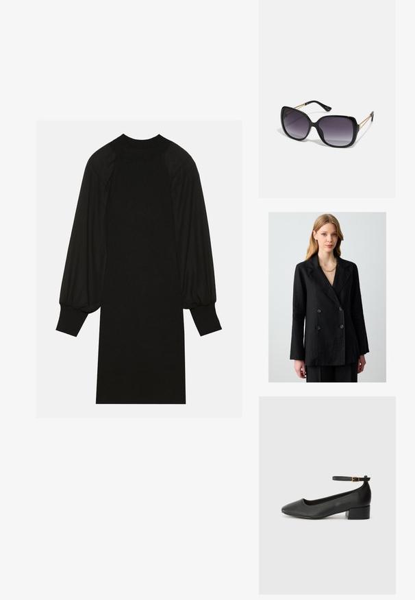 Zwarte dubbelzijdige blazer van linnen met grote knopen en brede revers. Heeft lange mouwen en een ontspannen pasvorm.; Zwarte jurk van geribbelde stof met pofmouwen en een hoge halslijn. De silhouet is recht en valt tot de knie.; Zwarte leren pump met een spitse neus en een lage blokhak. Beschikt over een enkelband met een goudkleurige gespsluiting. Gladde textuur.; Zwarte oversized zonnebril met gradient glazen, dikke montuur en gouden kettingdetails op de pootjes.; Witte gestructureerde handtas met korte handvatten en een schouderband, voorzien van gouden hardwareaccenten en een textuurmateriaal, tentoongesteld tegen een grijze achtergrond.
