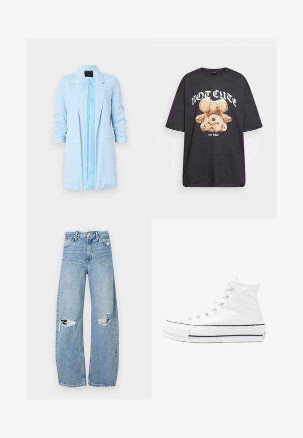 Svetlo modra prilagojena blejzer s strukturiranimi rameni, zareznimi klapnicami, dvema stranskima žepoma in gladkim notranjim podloženjem. Teksturni material.; Črna oversized majica s kratkimi rokavi, na kateri je grafika medveda z besedilom „NI SRČKAN VKLJUČNO Z DIVJIM“ v poudarjenem belem tisku. Material: bombaž.; Svijetloplave traperice visoki struk. Imaju široke nogavice, dva poderana područja na koljenima i klasičan petotoksi stil.; Beli visoki platneni športni čevelj z črnim gumijastim podplatom, sprednjim gumijastim zaščitnikom za prste in šestimi luknjicami za vezalke, ki se ponaša s preprostim, minimalističnim dizajnom.