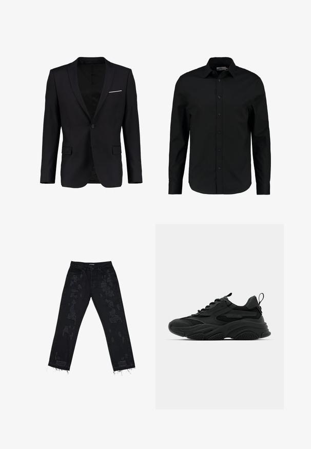 Sort blazer med én knap, notch lapels og en subtil hvid lommeklud. Fremstillet af glat stof med en struktureret pasform.; Sort langærmet skjorte lavet af glat stof, har en knaplukning foran, spidse kraver og en skræddersyet pasform med en buet kant.; Sorte denimjeans med slidte lapper, afslappet pasform, flossede kanter og standard fem-lomme design. Stoffet virker holdbart og struktureret.; Sorte atletiske sneakers med en kraftig sål, meshpaneler og gummidetaljer. Har en trækflap ved hælen og strukturerede mønstre.