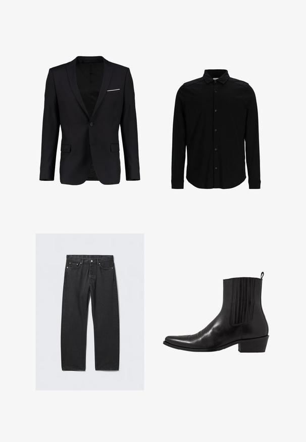 Czarna marynarka z pojedynczym guzikiem, klapami o prostym kroju i subtelną białą poszetką. Wykonana z gładkiego materiału o strukturalnym kroju.; Czarna koszula z długim rękawem wykonana z gładkiego materiału, z zapięciem na guziki z przodu, kołnierzykiem i subtelnym haftowanym logo na piersi.; Czarne dżinsy z prostymi nogawkami, zapinane na guziki, z pięcioma kieszeniami i mosiężnymi akcentami. Gładka tekstura.; Czarne skórzane botki za kostkę z wąskim noskiem, elastycznymi bocznymi panelami, pionowymi przeszyciami i niskim słupkowym obcasem.