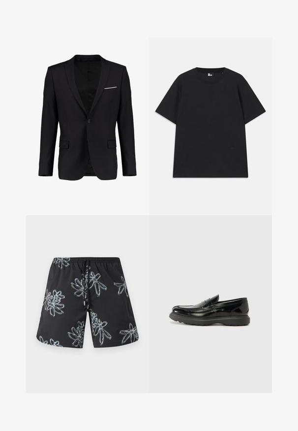 Sort blazer med én knap, notch lapels og en subtil hvid lommeklud. Fremstillet af glat stof med en struktureret pasform.; Sort kortærmet t-shirt lavet af bomuld, med rund halsudskæring og en lille logo detalje nær kanten. Glat tekstur, normal pasform.; Sorte svømmebukser med et blankt blomsterdesign i lys grå. Elastisk talje med snøre og logo detalje på nederste højre side.; Sort læderloafer med en blank finish, rund tå, subtile syninger og en tyk gummisål for holdbarhed.
