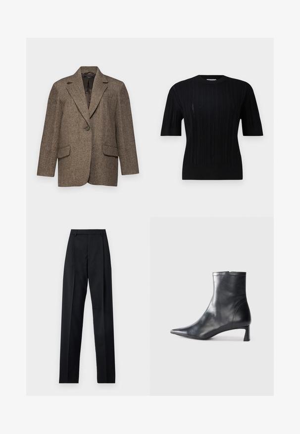 WEEKEND MaxMara PISTOIA - Σακάκι - marrone scuro; Filippa K BRAID - Πουλόβερ - black; Μαύρο παντελόνι φτιαγμένο από λείο ύφασμα με ψηλή μέση, φαρδιές γάμπες, πλάγιες πιέτες και κλασσικές θηλιές ζώνης. Δεν υπάρχουν ορατές πλαϊνές τσέπες.; Μαύρη δερμάτινη μπότες αστραγάλου με μυτερή μύτη και κομψό σχέδιο. Διαθέτει χαμηλό τακούνι και φερμουάρ στο πίσω μέρος. Λείο υφή.