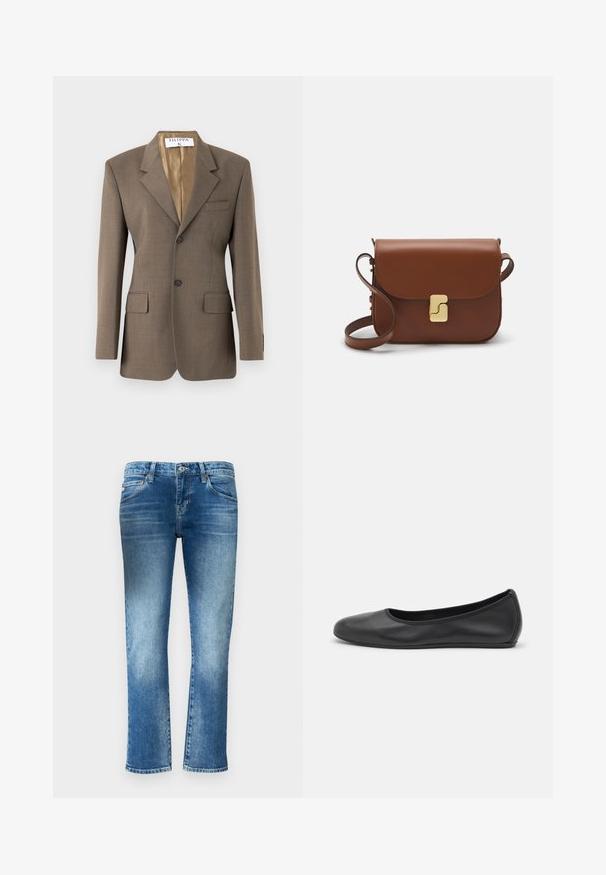 Filippa K TAILORED HOURGLASS - Blazer - driftwood; Witte korte mouwen t-shirt van ribstof. Ronde halslijn, normale pasvorm en subtiele stiksels. Geen patronen of grafische elementen.; Lichtblauwe denim jeans met een rechte pasvorm, subtiele vervaging en een medium hoge taille. Beschikt over vijf zakken en riemlussen.; Zwarte leren ballerina met een ronde neus, gladde textuur, minimale stikdetails en een flexibele zoolontwerp.; Bruine leren handtas met een klep sluiting, gouden hardware, een schouderband en een gladde textuur. Compact rechthoekige vorm.