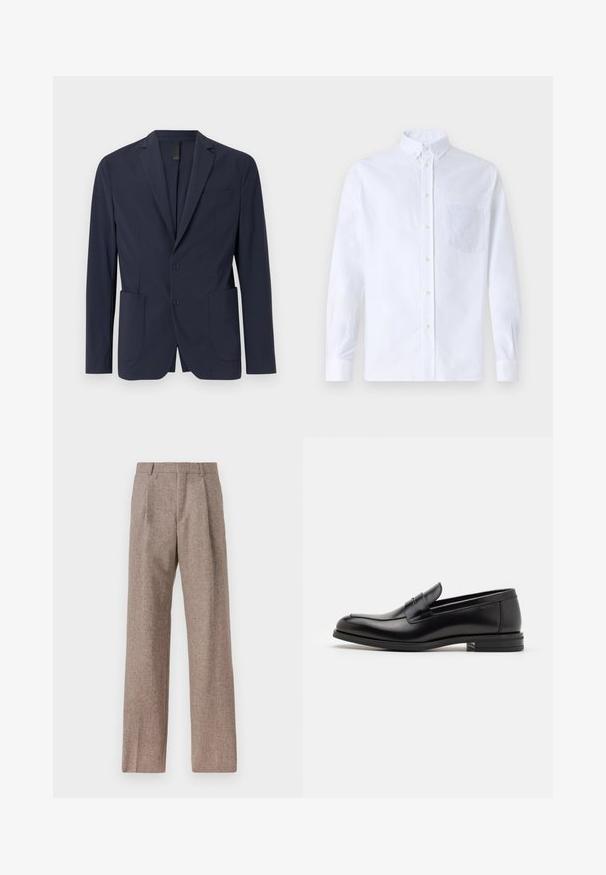 Mornarica sako od glatkog materijala, s jednim dugmetom, dva prednja džepa i malim džepom na prsima. Uređen slim fit kroj.; Bijela košulja s dugim rukavima na dugme, izrađena od pamuka, s džepom na prsima s ton-sur-ton vezom, ovratnikom i dugmadi na manžetama.; Smeđe, hlače viskog struka od teksturiranog materijala. Imaju široke nogavice i dva prednja pregiba za strukturu. Uređen završetak bez vidljivih metalnih dijelova.; Crni kožni mokasini s glatkom teksturom, zaobljenim prstima i ukrasnom trakom preko prednjeg dijela. Niski slojeviti potplat, minimalistički dizajn.