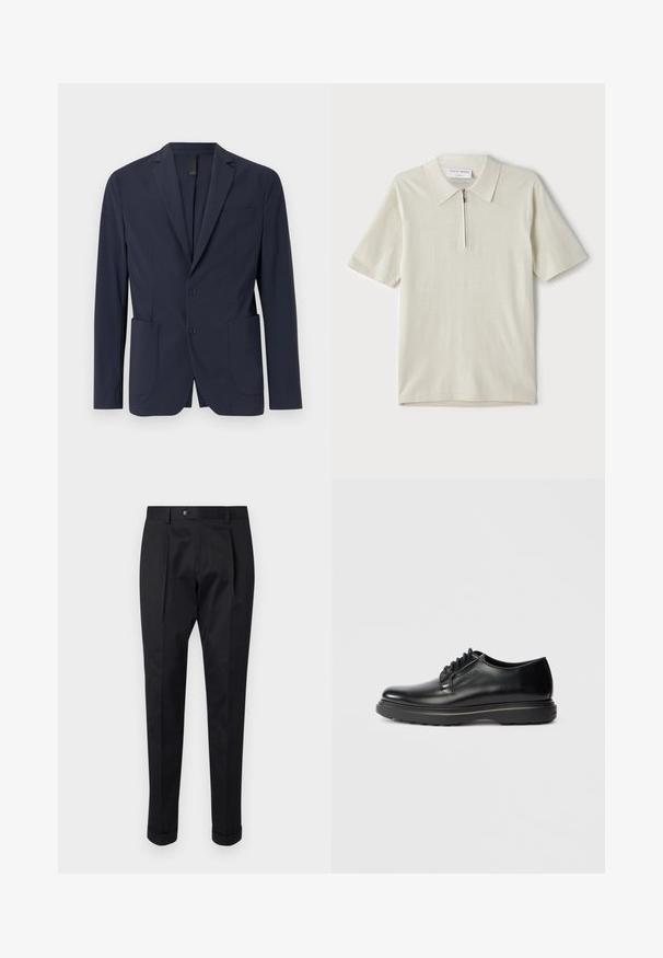 Tummansininen bleiseri, joka on valmistettu sileästä kankaasta, ja jossa on yksi napin suljenta, kaksi etutaskua ja pieni rintatasku. Slim fit -malli.; Vaate lyhythihaisista polo-paitojen vaaleassa beige-värissä, jossa on vetoketjukaulus. Valmistettu sileästä kankaasta, yksinkertainen ja moderni malli ilman kuvioita.; Musta housut, jotka on valmistettu sileästä kankaasta, ja niissä on etuosassa laskos, nappisulku sekä käänteet nilkassa.; Musta nahkainen nauhallinen Oxford-kengät paksulla pohjalla ja sivussa kohokuvioituna "WATERMAN", esiteltynä profiilissa vaaleanharmaata taustaa vasten.