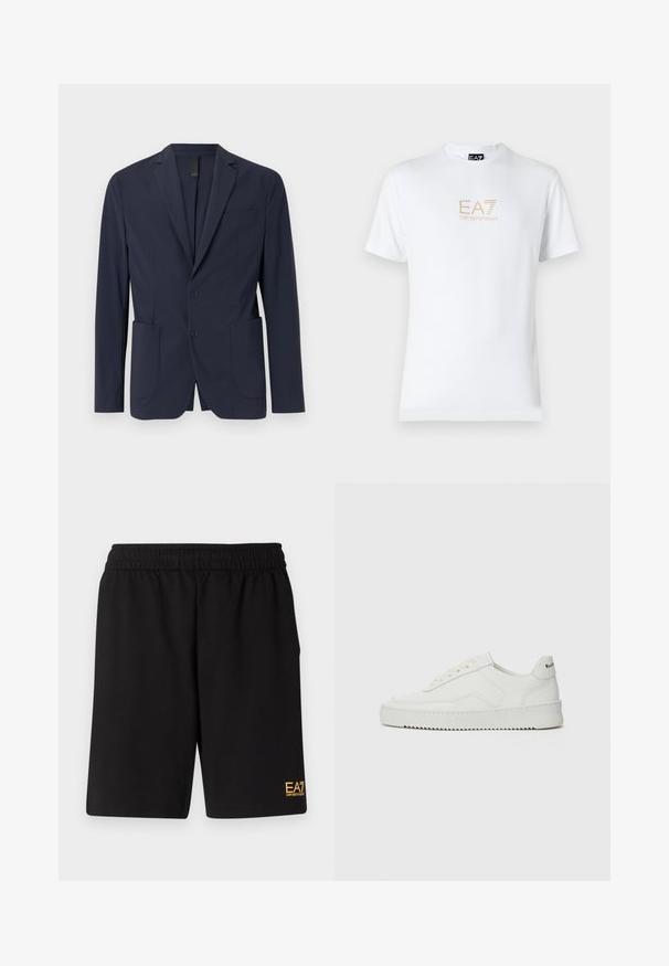 Mornarska jakna iz gladkega materiala, z enojnim gumbom, dvema sprednjima žepekoma in majhnim žepom na prsih. Oblika ozkega kroja.; Bela bombažna majica s krožnim izrezom in kratkimi rokavi, s pozlačenim logotipom EA7 Emporio Armani natisnjenim spredaj.; Črne športne kratke hlače iz mehkega blaga, z elastičnim pasom in majhnim rumenim logotipom EA7 na spodnjem levem delu noge.; Bela usnjena športna obutev z gladko površino, okroglo prst, ravne vezalke in teksturiran podplat. Ima diskretno logo na peti.