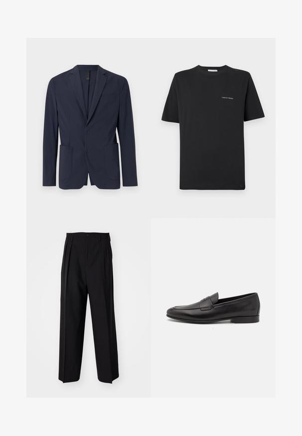 Blazer blu navy realizzato in tessuto liscio, con chiusura a un bottone, due tasche frontali e una piccola tasca sul petto. Design slim fit.; T-shirt nera in cotone con scollatura tonda, maniche corte e un piccolo logo bianco "TIGER OF SWEDEN" sul petto. Vestibilità classica.; Pantaloni neri a pieghe con un design dritto e gamba larga. Realizzati in tessuto morbido, con chiusura a bottone e passanti per cintura.; Mocassino da uomo in pelle nera con tacco basso e design classico a striscia, mostrato in profilo laterale su sfondo bianco.
