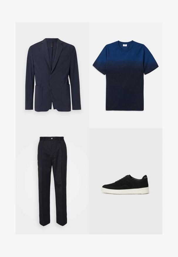 Tummansininen bleiseri, joka on valmistettu sileästä kankaasta, ja jossa on yksi napin suljenta, kaksi etutaskua ja pieni rintatasku. Slim fit -malli.; Laivansininen puuvillapaita, jossa on pyöreä kaula-aukko, lyhyet hihat ja hienovarainen gradienttimuotoilu, joka siirtyy vaaleammista sävyistä tummempiin.; Mustat räätälöidyt housut, joissa on suora lahjesuunnittelu, valmistettu sileästä kankaasta, etunapilla ja kahdella sivutaskulla.; Mustat mokkakengät nauhoilla ja kontrastivalkoisella kumipohjalla. Varustettu teksturoiduilla sivupaneeleilla ja huomaamattomalla brändäyksellä kantapäässä.