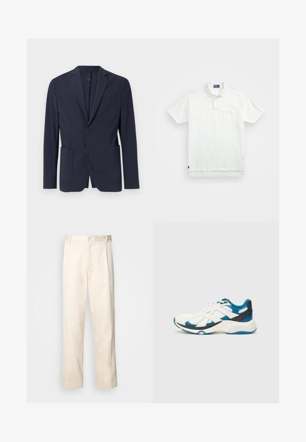 Mornarica sako od glatkog materijala, s jednim dugmetom, dva prednja džepa i malim džepom na prsima. Uređen slim fit kroj.; Bijela polo majica napravljena od pamuka, s klasičnom ovratnikom, trodijelnim zakopčavanjem i džepom na lijevoj strani prsiju; mali logo na rubu.; Bežaste pamučne hlače ravnog kroja s kopčanjem na dugme i plisiranjima sprijeda za dodatni detalj.; Bijela tenisica s plavim akcentima, gornji dio od mreže i sintetičkog materijala, teksturirani sivi potplat, zaobljeni vrh i podstavljeni bijeli đon.