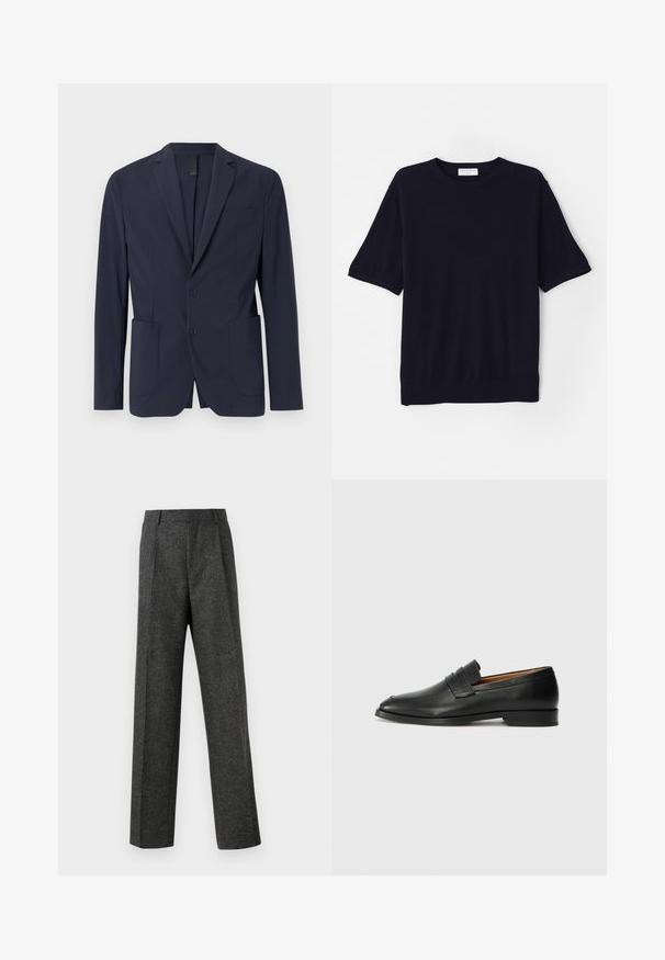 Blazer blu navy realizzato in tessuto liscio, con chiusura a un bottone, due tasche frontali e una piccola tasca sul petto. Design slim fit.; Maglietta a maniche corte in maglia blu navy con scollo rotondo, texture morbida e vestibilità comoda. Presenta un orlo e polsini a coste.; Pantaloni grigi su misura realizzati in tessuto strutturato, con due pieghe frontali e un design a gamba dritta. Nessuna tasca o decorazione visibile.; Mocassino in pelle nera con punta arrotondata, dettagli cuciti sottili e tacco basso, caratterizzato da una texture liscia e un design minimalista.