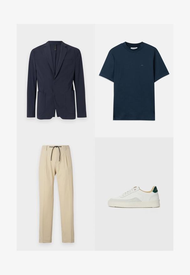 Sinine bleiser, mis on valmistatud siledast kangast, millel on ühe nupuga kinn closure, kaks eesmist taskut ja väike rinna-tasku. Kitsas lõige.; Tumesinine puuvillane T-särk, ümar kaeluses, lühikeste varrukatega ning rinnaesine on vaikselt logoga. Sile tekstuur ja klassikaline lõige.; Beezid püksid sirge lõikega, millel on nööriga vöökoht, volditud esikülg ja sile tekstuur. Lihtne ja mitmekesine disain.; Valged tennisjalanõud, millel on sametised aktsendid, ümar varvas, lame nöörid ja kreemjas kummine põhja. Hästi nähtav roheline bränding kannal.
