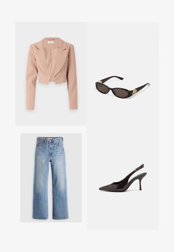 Korte blazer in lichtroze, met een notch-kraag, lange mouwen en een gladde stof met een schone, ongecompliceerde uitstraling.; Blauw gestreepte overhemden met kraag, lange mouwen en een afgeronde zoom. De stof lijkt glad en lichtgewicht. Knopsluiting aan de voorkant.; Lichtblauwe denim wijde broek met hoge taille, vervaagde plekken, vijf zakken en contrasterende stiksels. Klassieke knoop- en ritssluiting.; Slingback hoge hak schoen in glanzend donkerbruin patentleer, puntige neus, open zijkanten en verstelbare enkelband.; Schildpadbril met langwerpige ovale lenzen, bruine tint, gouden logo-accenten op de pootjes en slanke zwarte armen.