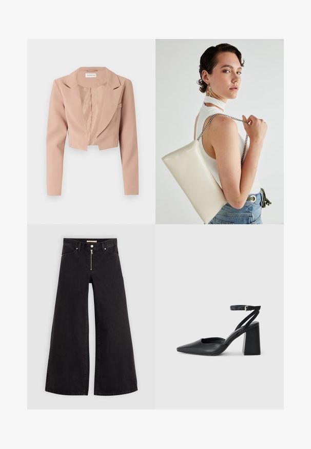 Világos rózsaszín, cropped blézer, kiemelkedő gallérral, hosszú ujjakkal és sima anyaggal, letisztult, díszítések nélküli dizájnnal.; Fehér ujjatlan felső, kerek nyakkivágással. Simább anyagból készült, laza fazonnal és minimalista kialakítással rendelkezik. Nincsenek minták vagy díszítések.; Fekete denim széles szárú farmer, cipzáros elejével, öt zsebes kialakítással és diszkrét varrással. Sima textúra és laza stílus.; Fekete bőr, hegyes orrú magassarkú cipő boka pánttal és vastag sarokkal. Sima textúra, elegáns dizájn és minimális esztétika.; Fehér, téglalap alakú, fényes anyagból készült clutch táska, ezüst láncos pánttal. A modell pózol, bemutatva a táskát egy egyszínű háttér előtt.