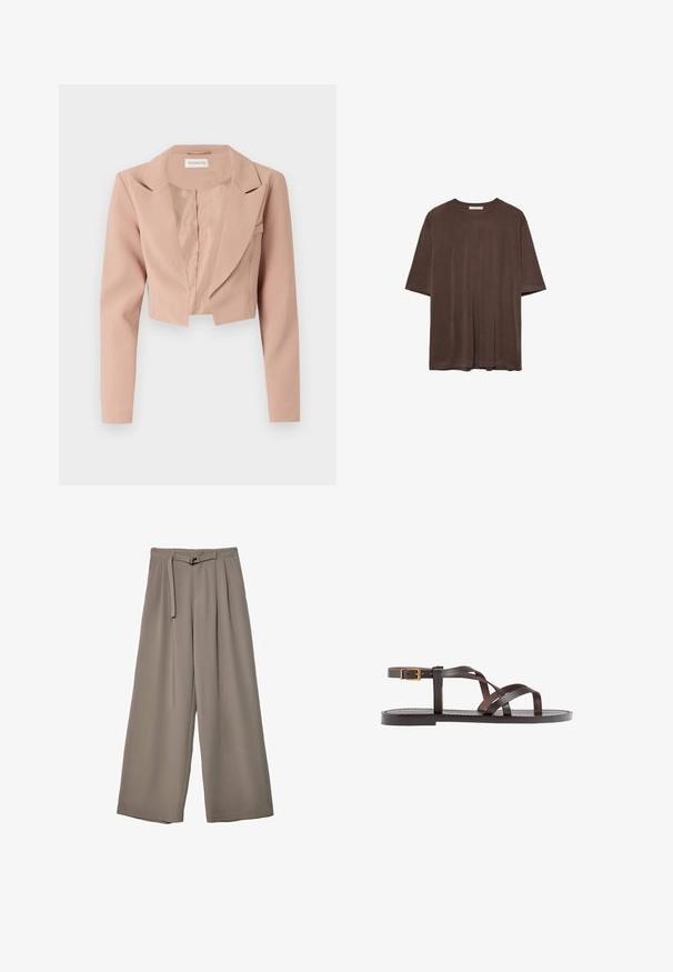 Korte blazer in lichtroze, met een notch-kraag, lange mouwen en een gladde stof met een schone, ongecompliceerde uitstraling.; Bruine korte mouwen t-shirt van zachte stof, met een ronde halslijn en een relaxte pasvorm. Soepele textuur zonder patronen of accenten.; Wijd nietenbroeken van een zachte, gedempte grijze stof, met een ceintuur in de taille en plooien voor extra ontwerpelementen. Gladde textuur, geen patronen.; Bruine leren sandaal met kruisingen van banden, een enkelgesp-sluiting en een platte zool met minimale stikdetails.