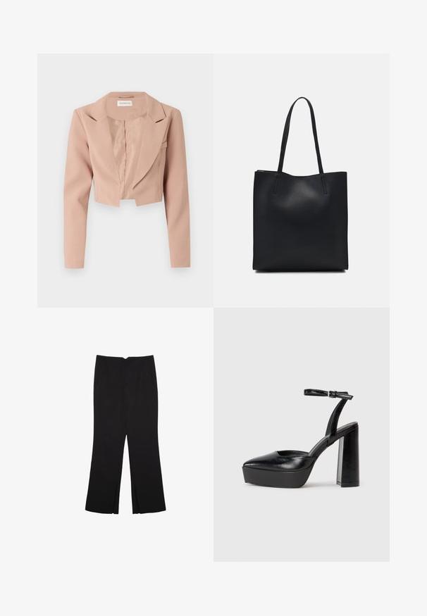 Krátký blazer ve světle růžové barvě, s klopovým límcem, dlouhými rukávy a hladkým materiálem s čistým, nezdobeným designem.; Černé tričko s krátkým rukávem vyrobené z bavlny. Má kulatý výstřih a volný střih s hladkým, jednobarevným povrchem. Bez viditelných vzorů nebo akcentů.; Černé kalhoty s rovným střihem, s předními kapsami a bočními rozparky na lemu. Vyrobené z jemné, hladké tkaniny. Vhodné na různé příležitosti.; Černé platformové podpatky s špičatou špičkou a nastavitelným kotníkovým popruhem. Vyrobeny z hladké kůže, s masivním blokovým podpatkem.; Černá kožená taška přes rameno s hladkým povrchem, obdélníkovým tvarem a dvěma dlouhými uchy. Žádné viditelné kování ani ozdoby.