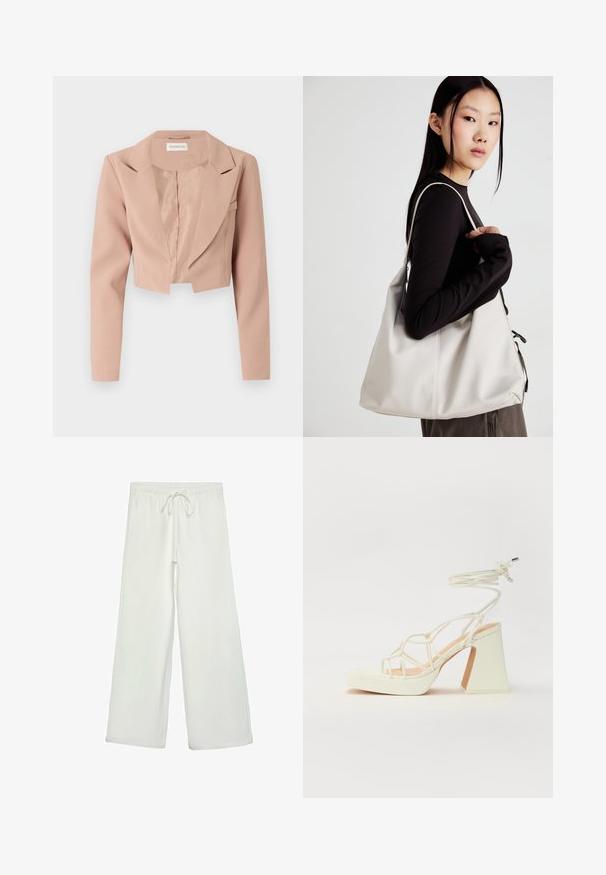 Afklippet blazer i lyserød, med slå-om-krave, lange ærmer og glat stof med et rent, udekoreret design.; Kortærmet, rundhalset hvid t-shirt lavet af blød bomuld, med et simpelt, rent design uden synlige mønstre eller accenter.; Hvide bukser med bred ejer lavet af blødt stof. Har en elastisk talje med snor og en glat tekstur. Ingen synlige mønstre eller hardware.; Hvide højhælede sandaler med en kraftig hæl, der har et stropdesign og ankelbinding. Glat tekstur med en platform foran for ekstra højde.; Beige håndtaske lavet af blødt materiale med et slouchy design, stikninger og to skulderremme. Velegnet til daglig brug.