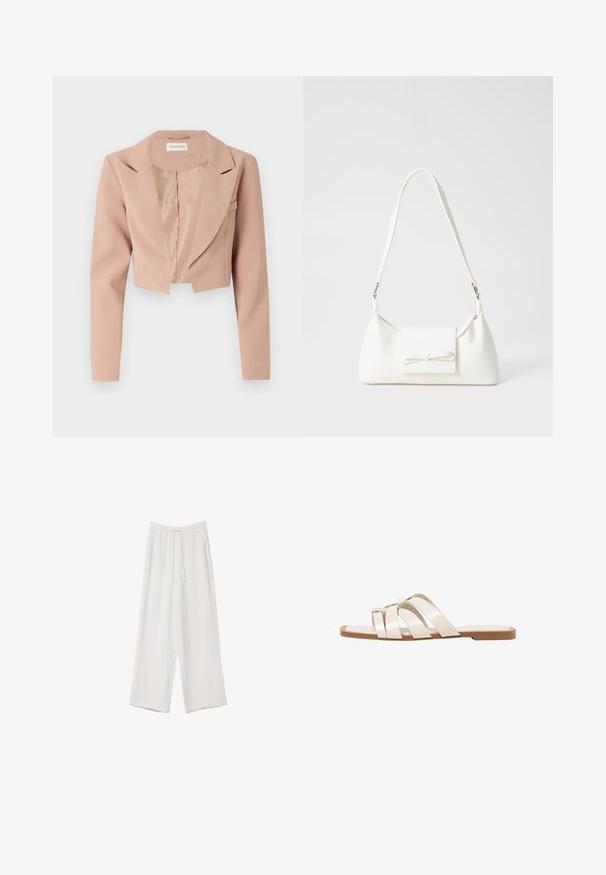 Krátky blazer svetloružovej farby s klopovým golierom, dlhými rukávmi a hladkým materiálom s čistým, nezdobeným dizajnom.; Biela krátkopsová tričko vyrobené z bavlny. Má okrúhly výstrih a voľný strih. Hladká textúra bez viditeľných vzorov alebo akcentov.; Biele široké nohavice vyrobené z ľahkej tkaniny. Obsahujú elastický pás so sťahovacou šnúrkou a bočné vrecká. Hladká textúra.; Ploché sandále s hnedou gumovou podrážkou, navrhnuté s tromi prekrývajúcimi sa bielymi koženými popruhmi a malou mašličkou uprostred.; Biela syntetická kabelka s trojuholníkovým tvarom, plochým predným klapkou a detailom mašle, nastaviteľným popruhom, hladkou textúrou a minimalistickým dizajnom.