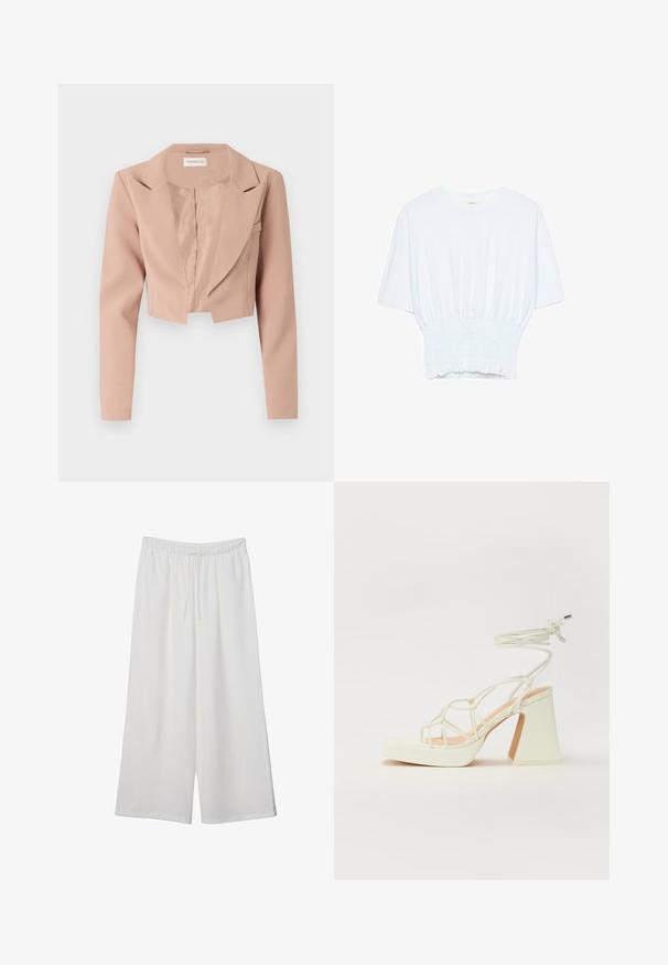 Afklippet blazer i lyserød, med slå-om-krave, lange ærmer og glat stof med et rent, udekoreret design.; Hvid kortærmet T-shirt med afslappet pasform og smocked tekstur ved taljen. Lavet af blødt, letvægtsstof.; Hvide vidde bukser lavet af letvægtsstof, med en elastisk talje og snøre for justerbar pasform. Glat tekstur.; Hvide højhælede sandaler med en kraftig hæl, der har et stropdesign og ankelbinding. Glat tekstur med en platform foran for ekstra højde.