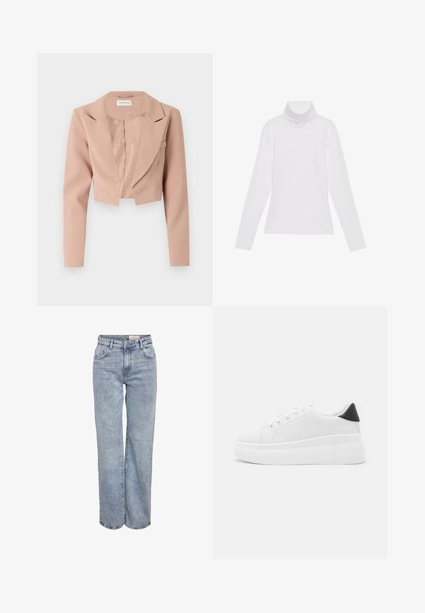 Krojeni blazer v svetlo roza barvi, z ovratnikom v obliki klina, dolgimi rokavi in gladko tkanino brez okrasnih elementov.; Bela dolga majica s turtleneck ovratnikom, izdelana iz gladke, raztegljive tkanine. Ima visok ovratnik in prilega telesu, brez vidnih vzorcev ali okrasitev.; Svjetloplave široke traperice od denima, sa visokim strukom, dizajnom s pet džepova i suptilnim blijeđenjem za izgled nakon nošenja.; Bele platform tenisice izdelane iz gladkega sintetičnega materiala, z zaobljenim prstom, sistemom vezalk in teksturiranim gumijastim podplatom. Črn dodatek na peti.