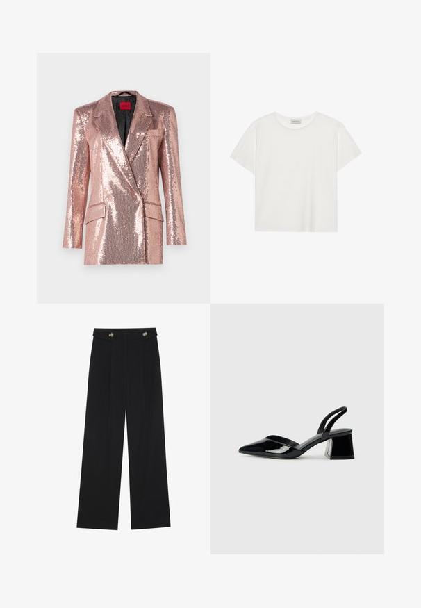 HUGO AKESI - Blazer - light/pastel pink; White short-sleeve T-shirt made of soft cotton. Features a round neckline and relaxed fit. Clean design with no visible patterns or accents.; Black wide-leg trousers with high waist, button details on waistband, and front pleats.; Black patent leather slingback heels with a pointed toe and a geometric block heel. Features a sleek, minimal design and smooth texture.