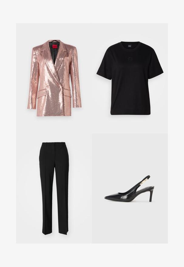 HUGO AKESI - Blazer - light/pastel pink; Svart bomull T-skjorte med rund hals, korte ermer og et brodert logo på brystet. Enkel, avslappet passform uten mønstre.; Sorte skreddersydde bukser med rett silhuett, med en glatt tekstur og klare pressede bretter foran. Ingen synlig maskinvare.; Sorte skinn slingback høyhælte sko med spiss tå, glatt tekstur og en smal ankelrem med gullhardvareakenter.