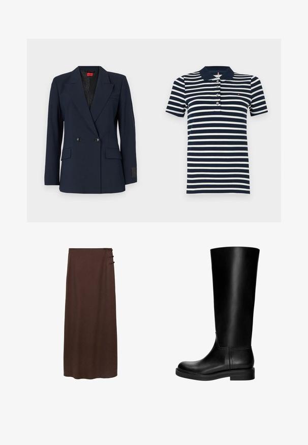 Navy blue double-breasted blazer with notched lapels, two front pockets, and black buttons. Features a patterned interior lining.; Navy and white striped polo shirt with a button placket and short sleeves; features a collar and a small branded logo on the chest.; Brown, floor-length skirt made from soft material. Features three decorative side buttons near the waist. Simple, unembellished design.; Black leather knee-high boot with a smooth texture, rounded toe, understated design, and a low block heel. No visible hardware or patterns.
