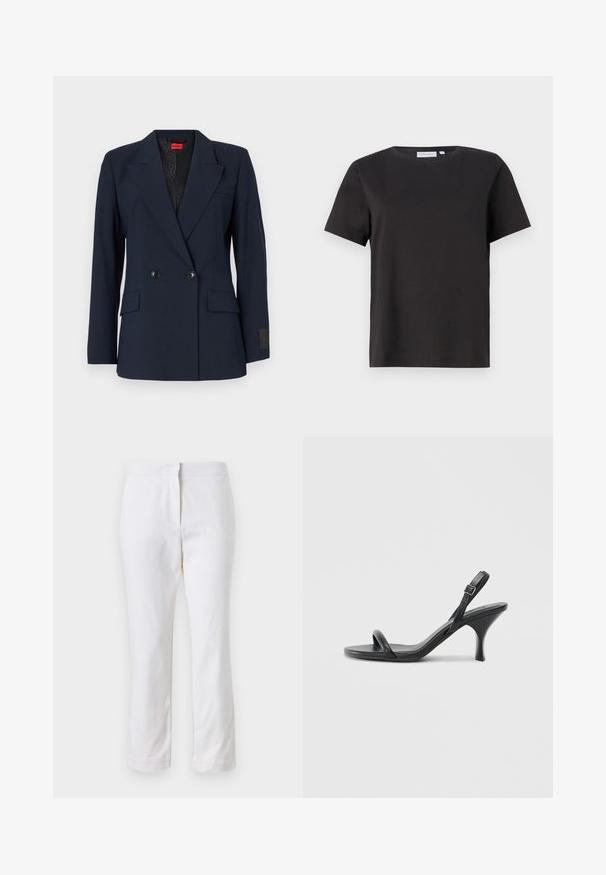 Blazer doppiopetto blu navy con revers a vista, due tasche frontali e bottoni neri. Presenta una fodera interna a fantasia.; Maglietta nera in cotone a maniche corte, con scollatura a girocollo e un design semplice e pulito. Nessun motivo o decorazione visibile.; Pantaloni bianchi in cotone con design a gamba dritta, caratterizzati da una vita a media altezza e senza hardware o motivi visibili. Tessuto liscio su tutta la superficie.; Sandali con tacco alto in pelle nera, con tacco sottile e curvo e design a fascia incrociata. Cinghia alla caviglia regolabile. Texture liscia.