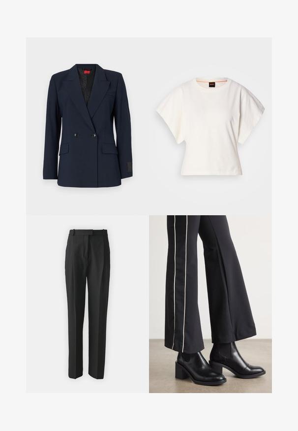 Blazer azul marino de doble botonadura con solapas muesca, dos bolsillos frontales y botones negros. Presenta un forro interior con un patrón.; Camiseta blanca recortada, con mangas cortas y anchas, material de algodón suave, cuello redondo con un sutil ribete naranja, diseño minimalista, sin patrones ni gráficos.; Pantalones negros ajustados hechos de tejido ligero, con un corte recto, frente plano y trabillas para cinturón. Textura suave sin patrones visibles.; Botines de cuero negro con tacón cuadrado, con paneles laterales elásticos. Combinados con pantalones negros que tienen una franja blanca lateral.
