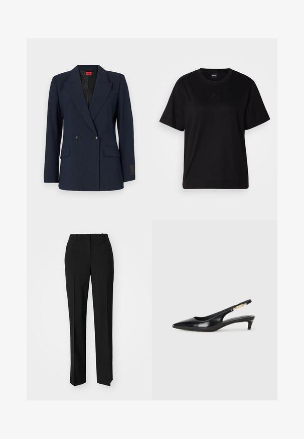 Navy blue double-breasted blazer with notched lapels, two front pockets, and black buttons. Features a patterned interior lining.; Black cotton t-shirt with a crew neckline, short sleeves, and an embroidered logo on the chest. Simple, relaxed fit with no patterns.; Black tailored trousers with a straight-leg design, featuring a smooth texture and crisp creases along the front. No visible hardware.; Black leather slingback heels with a pointed toe, featuring a slim heel and a gold-tone accent on the adjustable strap. Smooth texture.