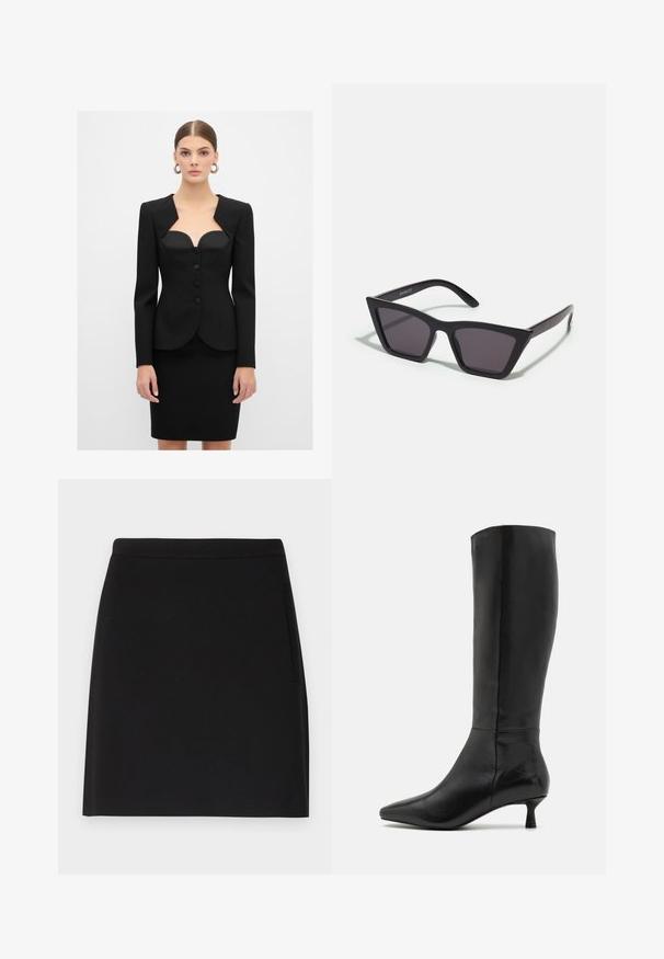 Czarna strukturalna marynarka z dopasowaną górą, kwadratowym dekoltem i trzema guzikami, w zestawie z ołówkową spódnicą. Gładki materiał i wyraźnie zdefiniowane ramiona.; Czarny top na ramiączkach z cienkimi spaghetti, wykonany z żebrowanej tkaniny, z prostym krojem i metką przy wycięciu na szyję z napisem "IVY OAK."; Czarna spódnica o prostym fasonie, z gładką teksturą i dopasowanym pasem. Zawiera boczną kieszeń dla większej funkcjonalności.; Zign - Kozaki; Czarne, kanciaste okulary przeciwsłoneczne z szarymi soczewkami; wykonane z plastiku, z grubymi zausznikami o gładkiej powierzchni i bez widocznych elementów metalowych.; Pikowana biała skórzana torebka z złotym łańcuchem, z złotym zapięciem i odczepianą zawieszką. Kompaktowy prostokątny kształt.
