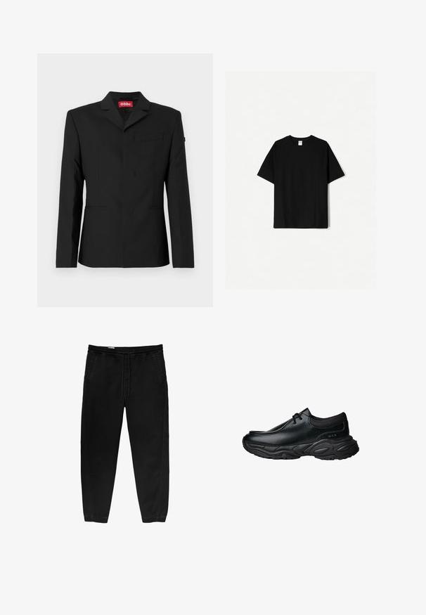 Blazer nero realizzato in tessuto morbido, presenta un rever a forma di V, chiusura con un bottone singolo e una tasca sul petto con tasche laterali. Etichetta del marchio rossa all'interno.; T-shirt in cotone nero con maniche corte, scollatura rotonda e vestibilità rilassata. Presenta un design semplice senza motivi o accenti.; Pantaloni neri con cintura elastica e coulisse, gamba affusolata, tasche laterali e sottili dettagli di cucitura laterale. Tessuto in cotone morbido.; Scarpe slip-on in pelle nera con punta arrotondata e suola in gomma spessa e testurizzata. Presentano cuciture sottili e dettagli in elastico sul colletto.