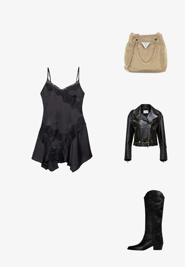 Schwarze Leder-Cropped-Motorradjacke mit kontrastierenden Nähten, Reißverschlusstaschen und tailliertem Schnitt. Merkmale sind breite Revers und silberne Hardware-Akzente.; Schwarzes Satin-Nachthemd mit Spitzenrand, verstellbaren Spaghetti-Trägern und ausgestelltem Saum, weicher Textur und dekorativen Rüschendetails.; Schwarze Leder-Cowboy-Stiefel mit spitzer Zehe, mittelhohem Absatz und dekorativen Nähten am Schaft. Glatte Textur und elegantes Design.; Die goldene Handtasche verfügt über einen strukturierten Stoff mit runden, metallischen Nieten, einem dreieckigen Logoschild und einem Kettenriemen mit runden Metallösen.