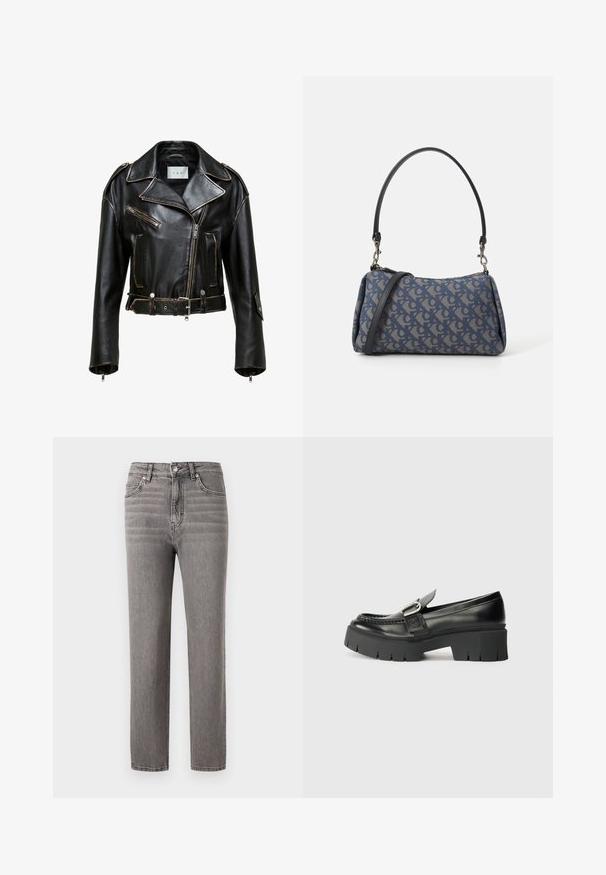 Zwarte leren cropped motorjack met contrasterende stiksels, ritszakken en een ceintuurlijn. Heeft brede revers en zilveren hardware accenten.; Zwarte katoenen t-shirt met korte mouwen, featuring een roze grafiek van een zonnebril en de tekst "Not Your Girl" op de linkerborst.; Grijze denim jeans met een recht gesneden ontwerp, middelhoge taille, vijf zakken en subtiele verticale stiksels. Glad textuur en lichtgewicht.; Zwarte leren loafers met een robuuste rubberen zool. Voorzien van een gespaccent en gestikte details langs de bovenkant. Platte hak.; Blauwe handtas met patroon van stof, met een gebogen vorm, zwarte leren schouderriem en logo ontwerp in een lichtere tint.